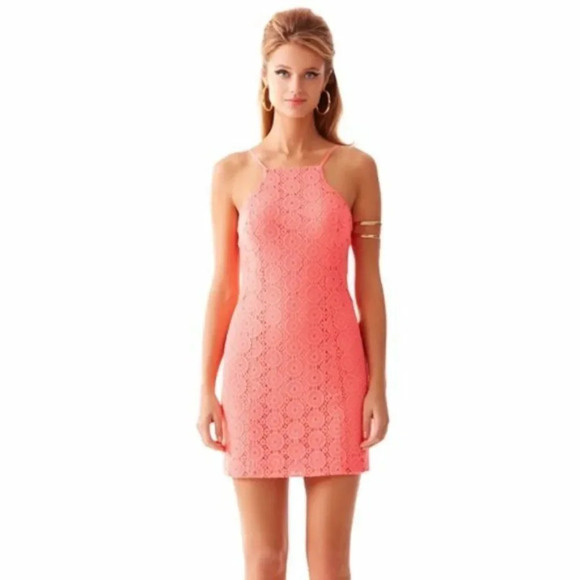 LILLY PULITZER Pink Costello Halter Dress Lace Pucker Pink Extra Small - Picture 1 of 10